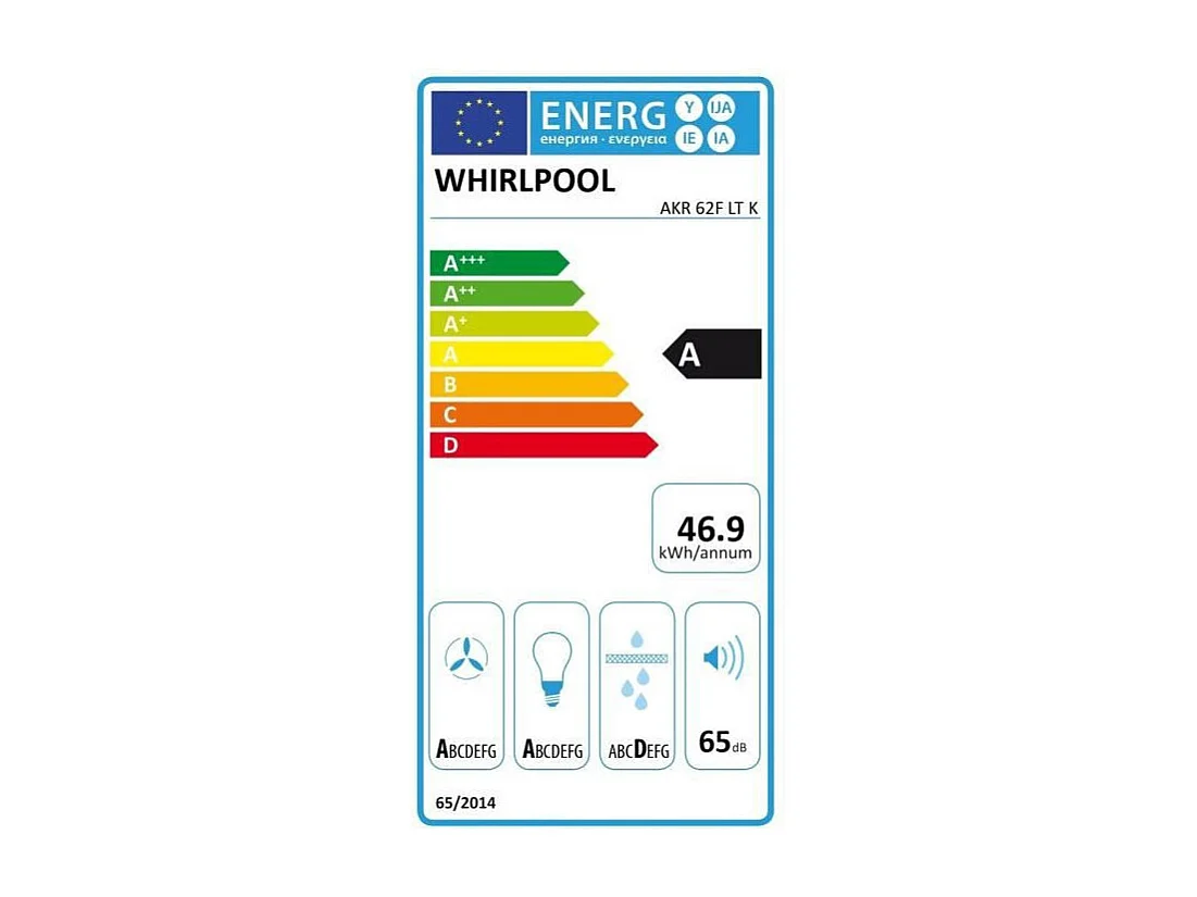 Hotte decorative - WHIRLPOOL AKR62FLTK -  Larg 60 cm - Evacuation/recyclage - 71 dB - 4 vitesses + booster - Verre noire