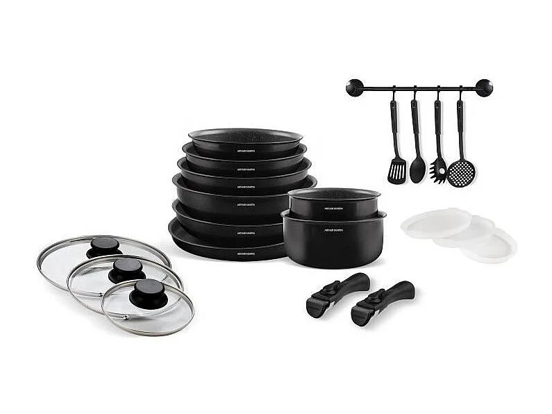 Batteria da cucina a induzione Arthur Martin AM558 20 pezzi in alluminio 2,5 mm con manico removibile e coperchi ermetici
