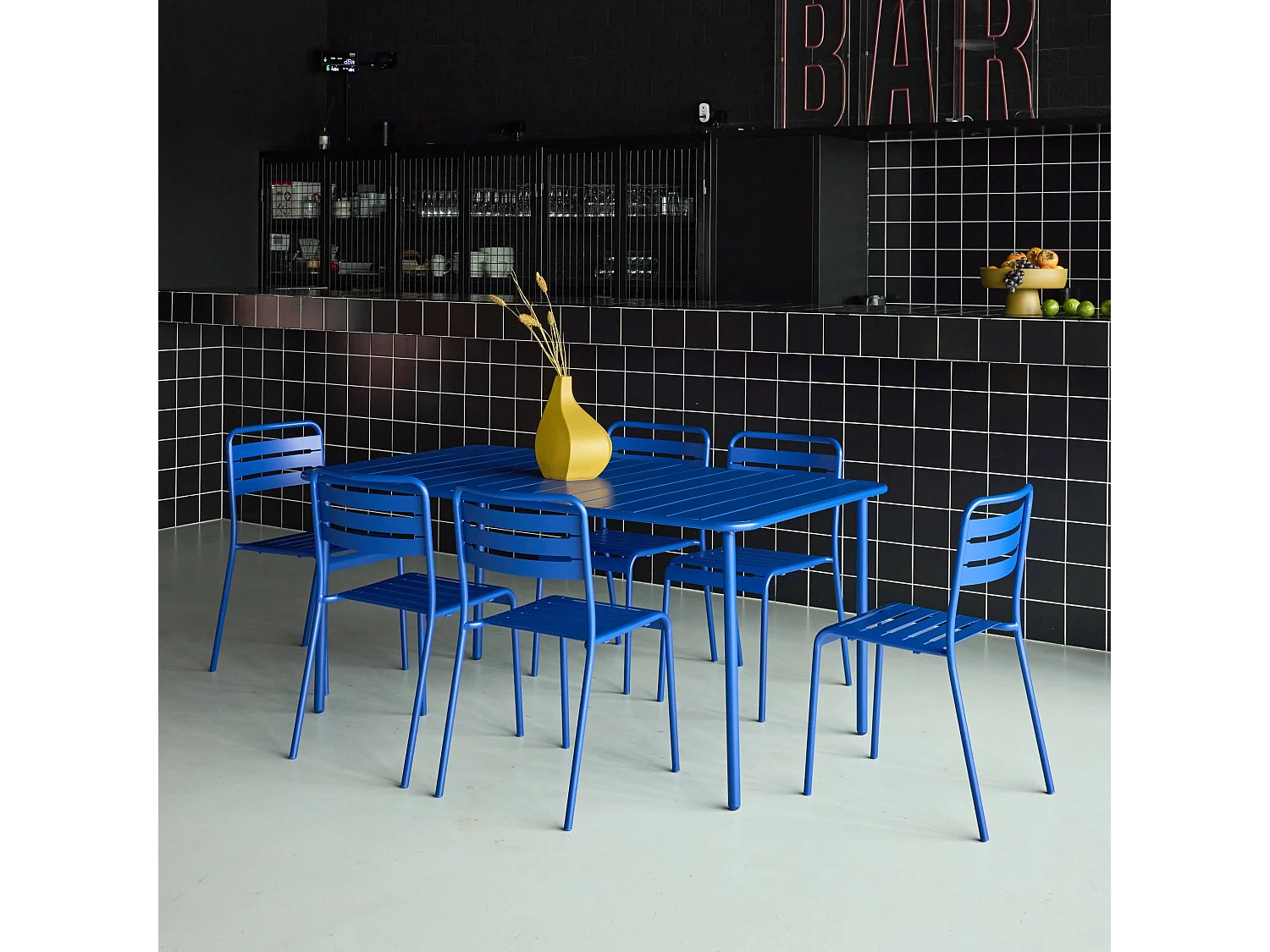 Table de jardin métal + 6 assises bleu électrique Amélia