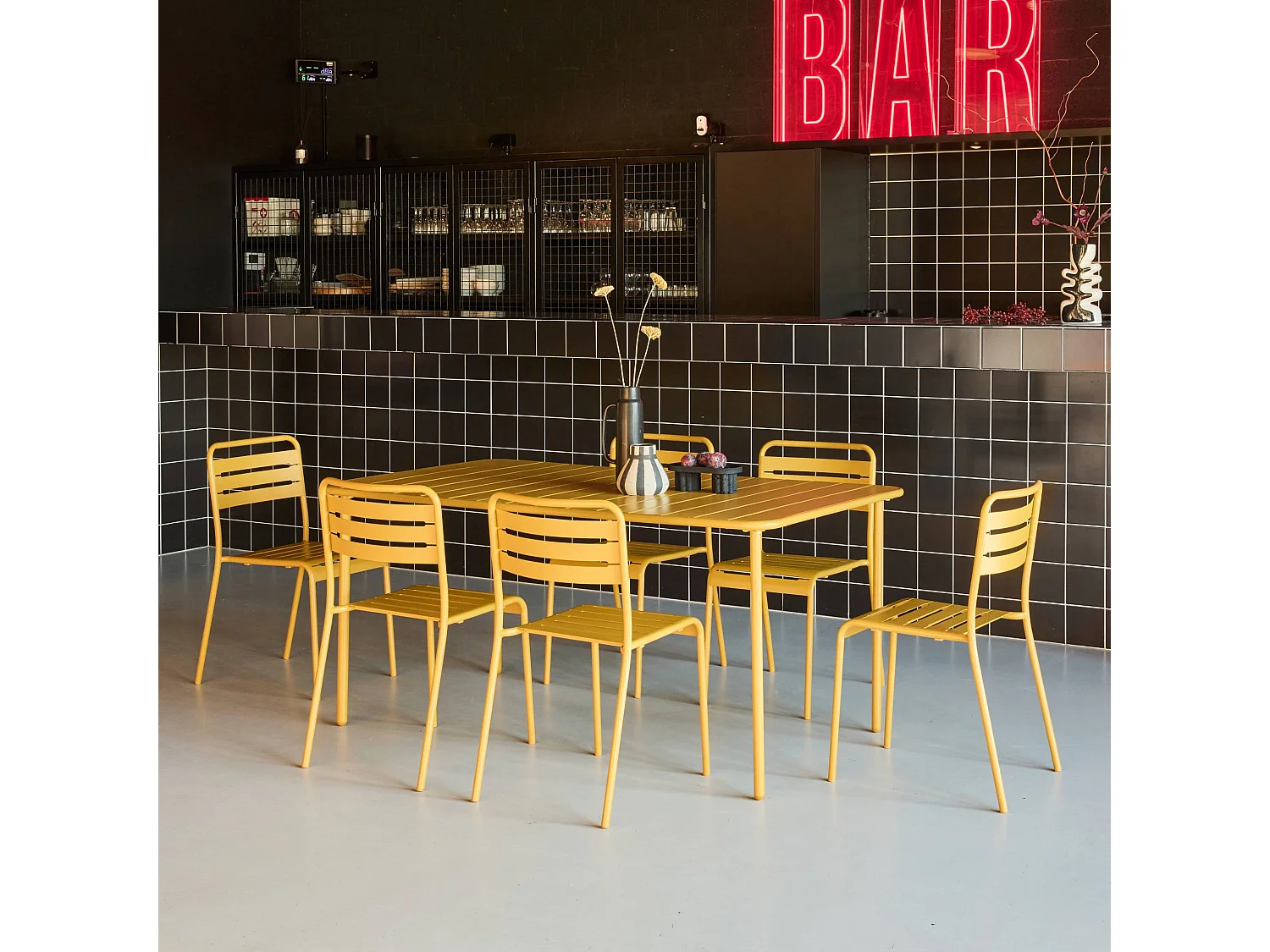 Set mesa de jardín bistró de acero con 6 sillas, 160cm ocre