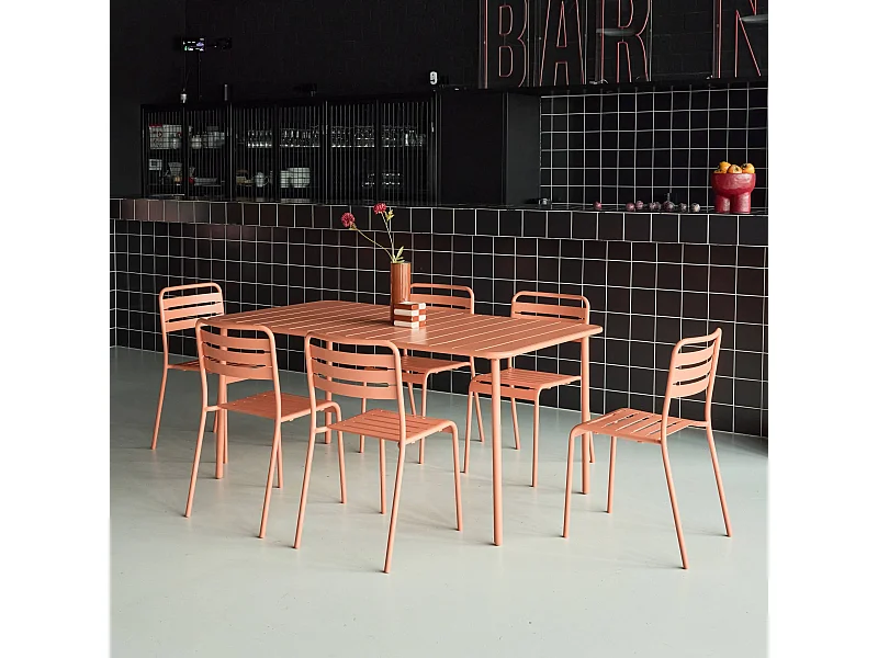 Set tavolo da giardino bistrot in metallo con 6 sedie, rosa tostato