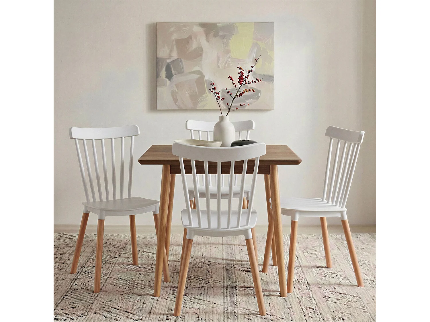 Lot de 4 chaises RAVI de salle à manger design, Blanc, Design scandinave avec assise confortable, Pieds en hêtre massif