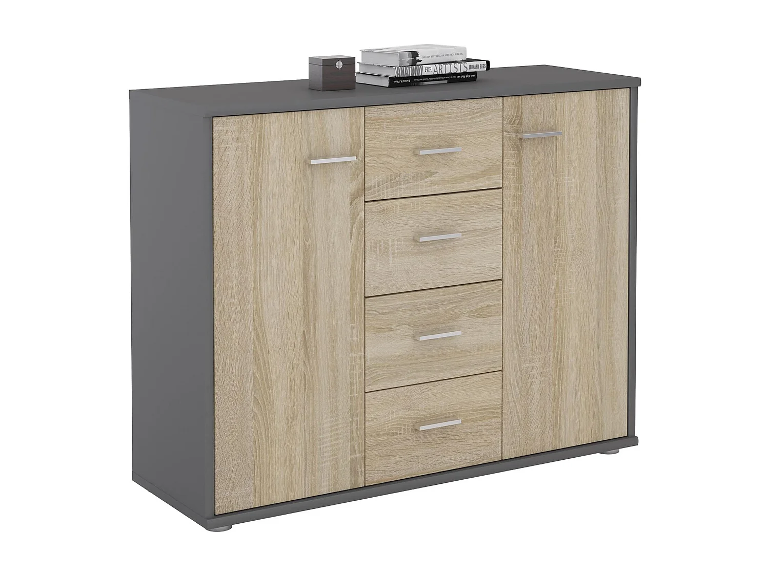 Buffet ELODIE, commode meuble de rangement avec 4 tiroirs et 2 portes, en mélaminé gris mat et décor chêne sonoma