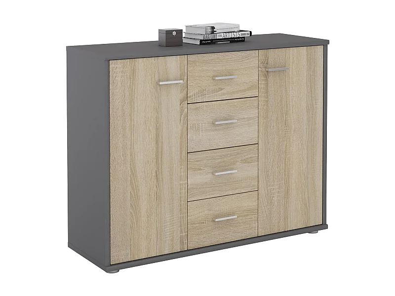 Buffet ELODIE, commode meuble de rangement avec 4 tiroirs et 2 portes, en mélaminé gris mat et décor chêne sonoma