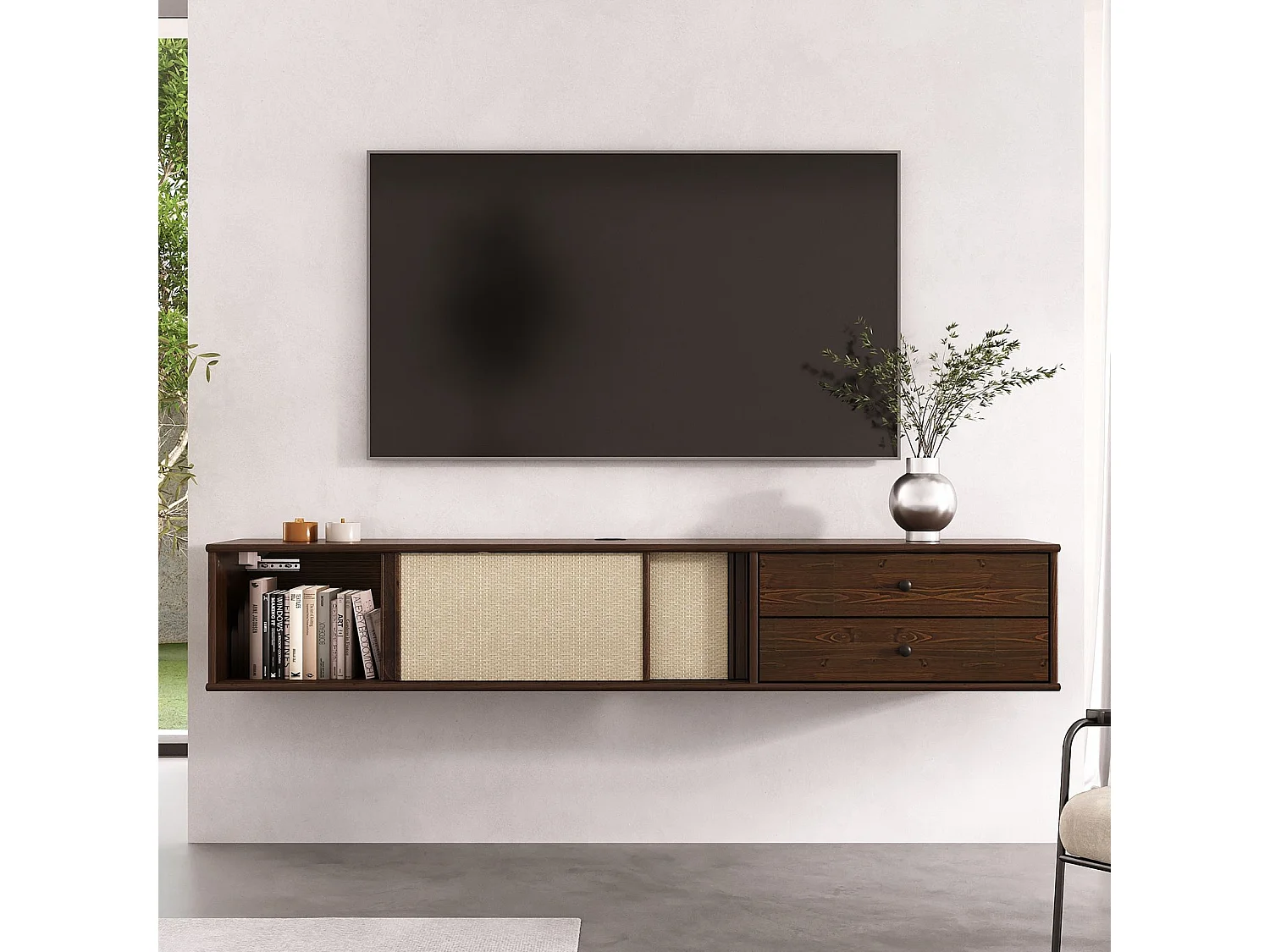 Meuble TV Suspendu SIMONA 175 cm avec 2 Tiroirs et 2 Portes Coulissantes en Rotin, En Bois Massif Coloris Noyer