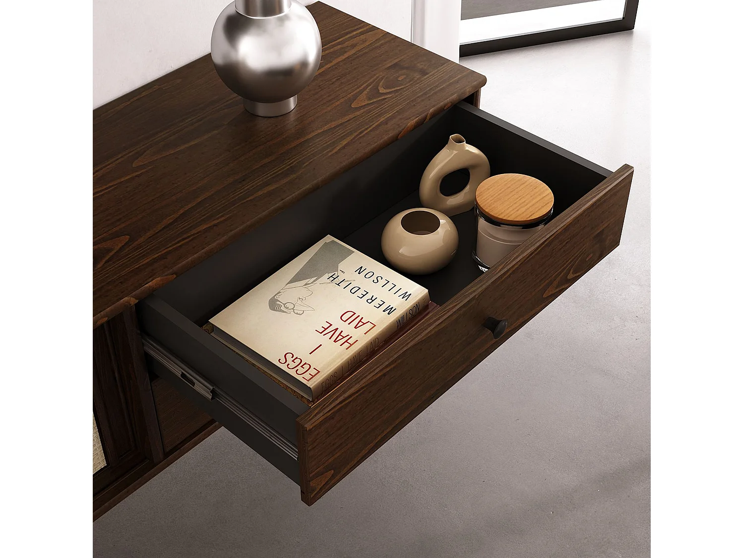 Meuble TV Suspendu SIMONA 175 cm avec 2 Tiroirs et 2 Portes Coulissantes en Rotin, En Bois Massif Coloris Noyer