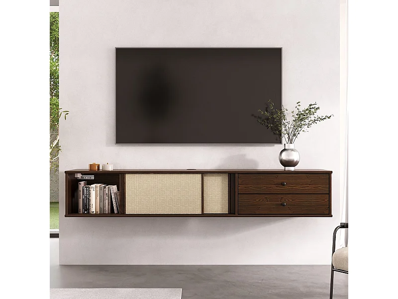Meuble TV Suspendu SIMONA 175 cm avec 2 Tiroirs et 2 Portes Coulissantes en Rotin, En Bois Massif Coloris Noyer
