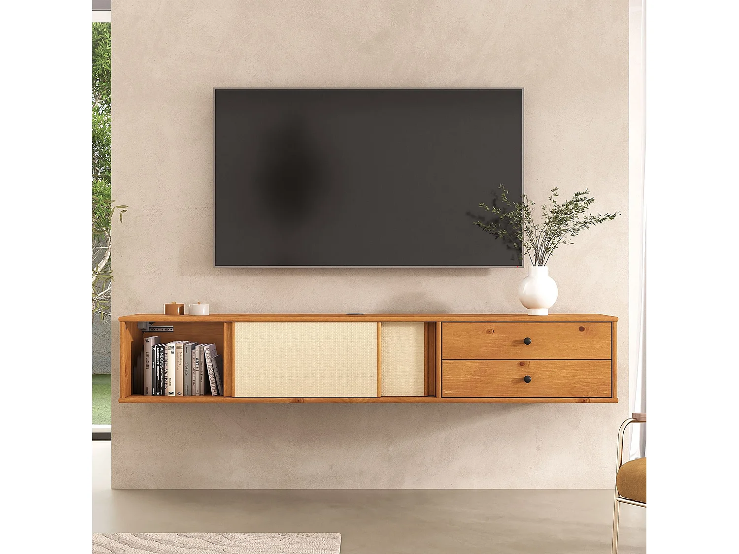 Meuble TV Suspendu SIMONA 175 cm avec 2 Tiroirs et 2 Portes Coulissantes en Rotin, En Bois Massif COloris Chêne