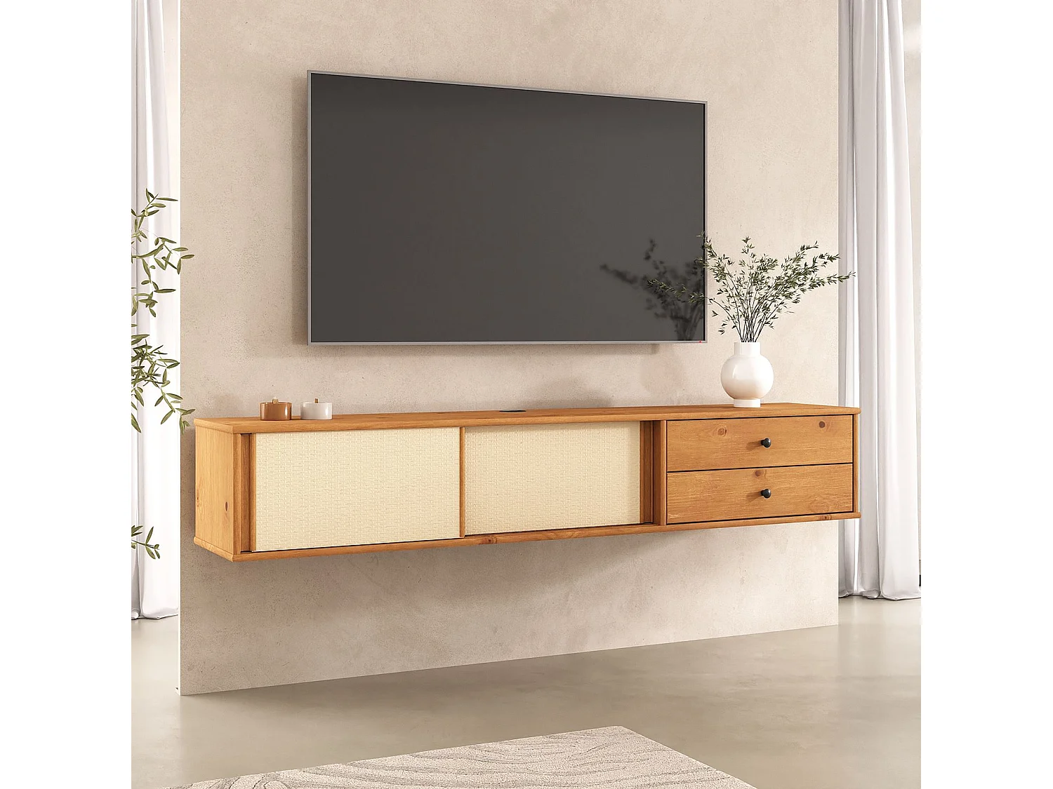 Meuble TV Suspendu SIMONA 175 cm avec 2 Tiroirs et 2 Portes Coulissantes en Rotin, En Bois Massif COloris Chêne