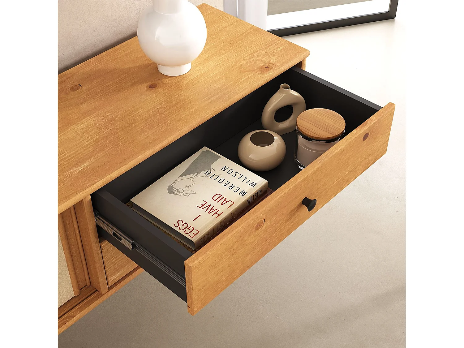 Meuble TV Suspendu SIMONA 175 cm avec 2 Tiroirs et 2 Portes Coulissantes en Rotin, En Bois Massif COloris Chêne