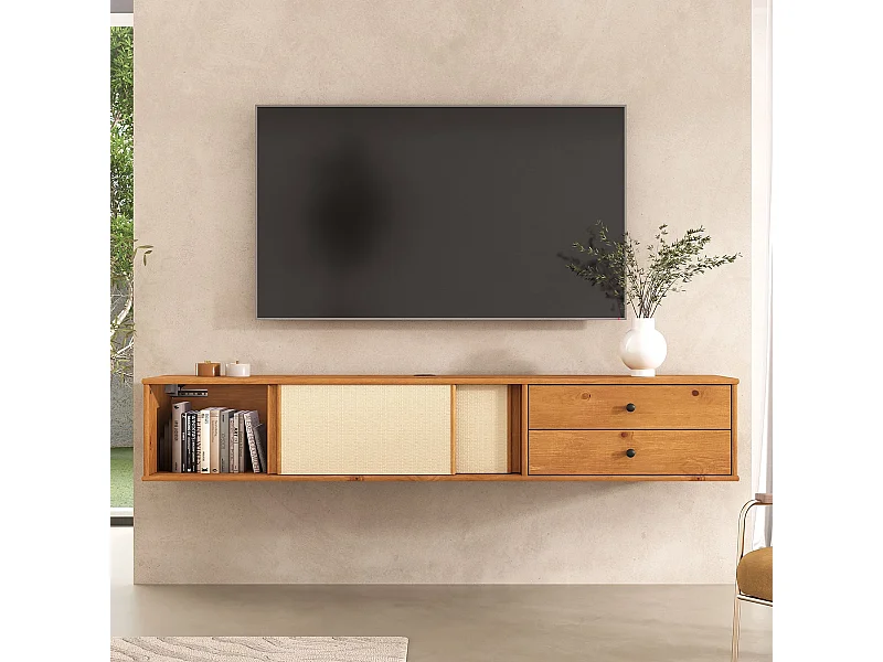 Meuble TV Suspendu SIMONA 175 cm avec 2 Tiroirs et 2 Portes Coulissantes en Rotin, En Bois Massif COloris Chêne
