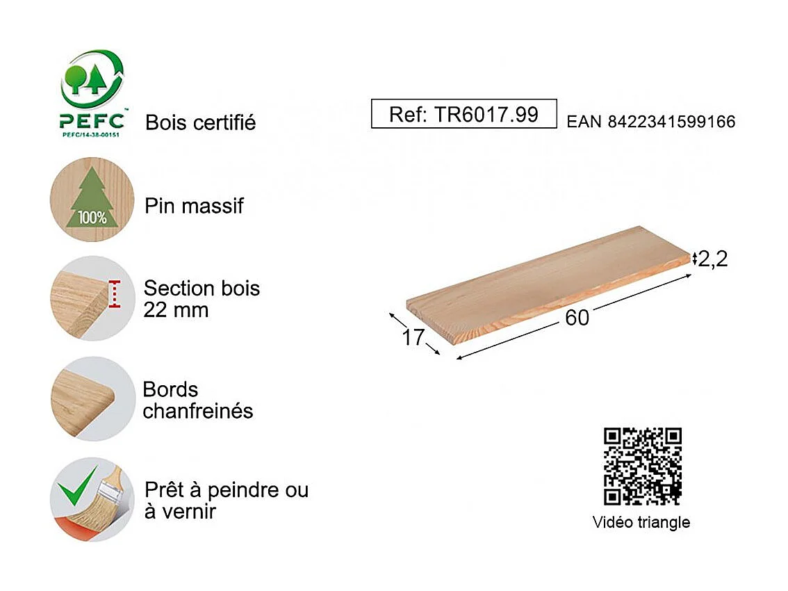 Etagère tablette murale en pin brut 60 x 17 cm