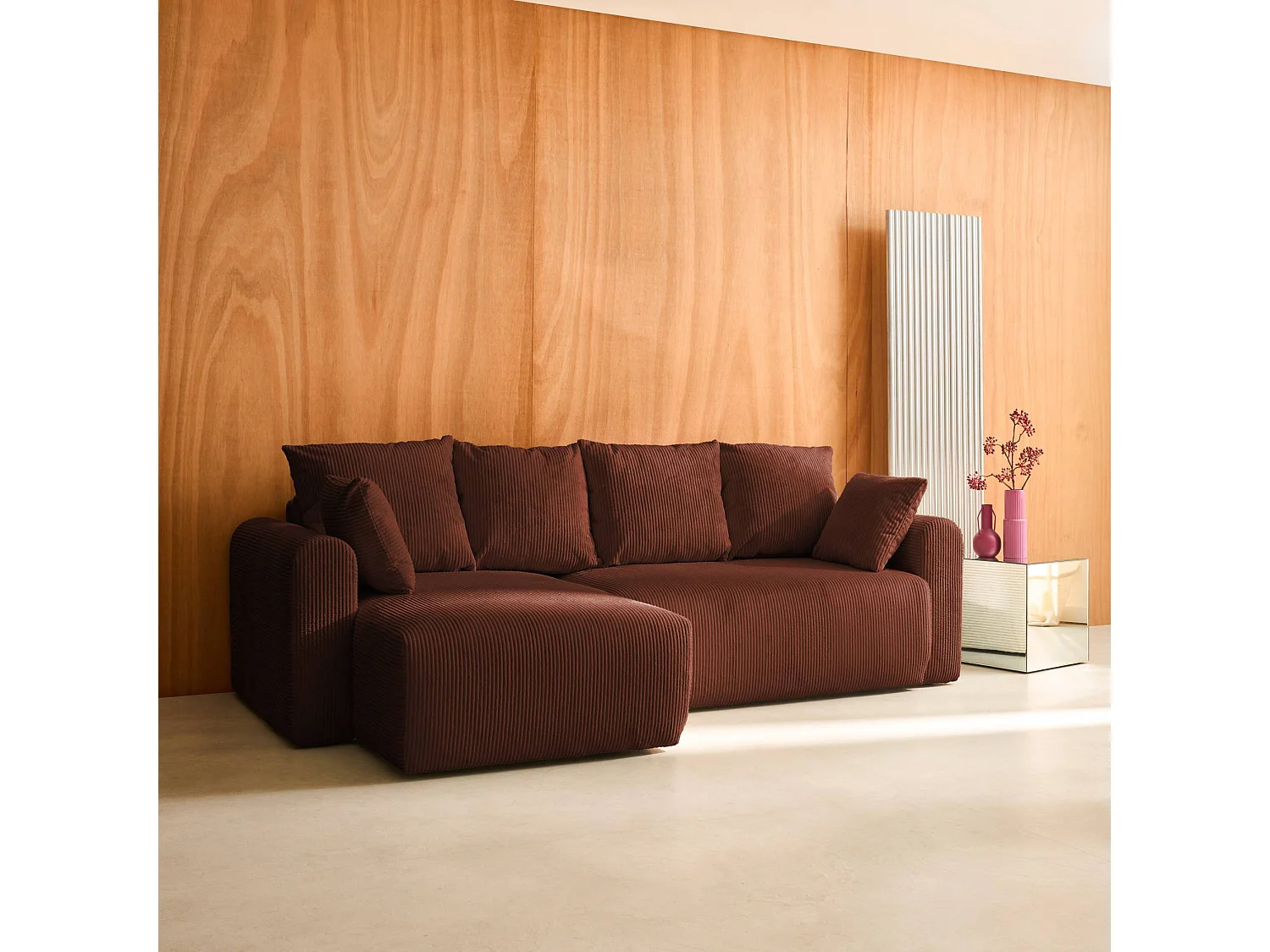 Divano letto angolare reversibile in velluto a coste, 3 posti