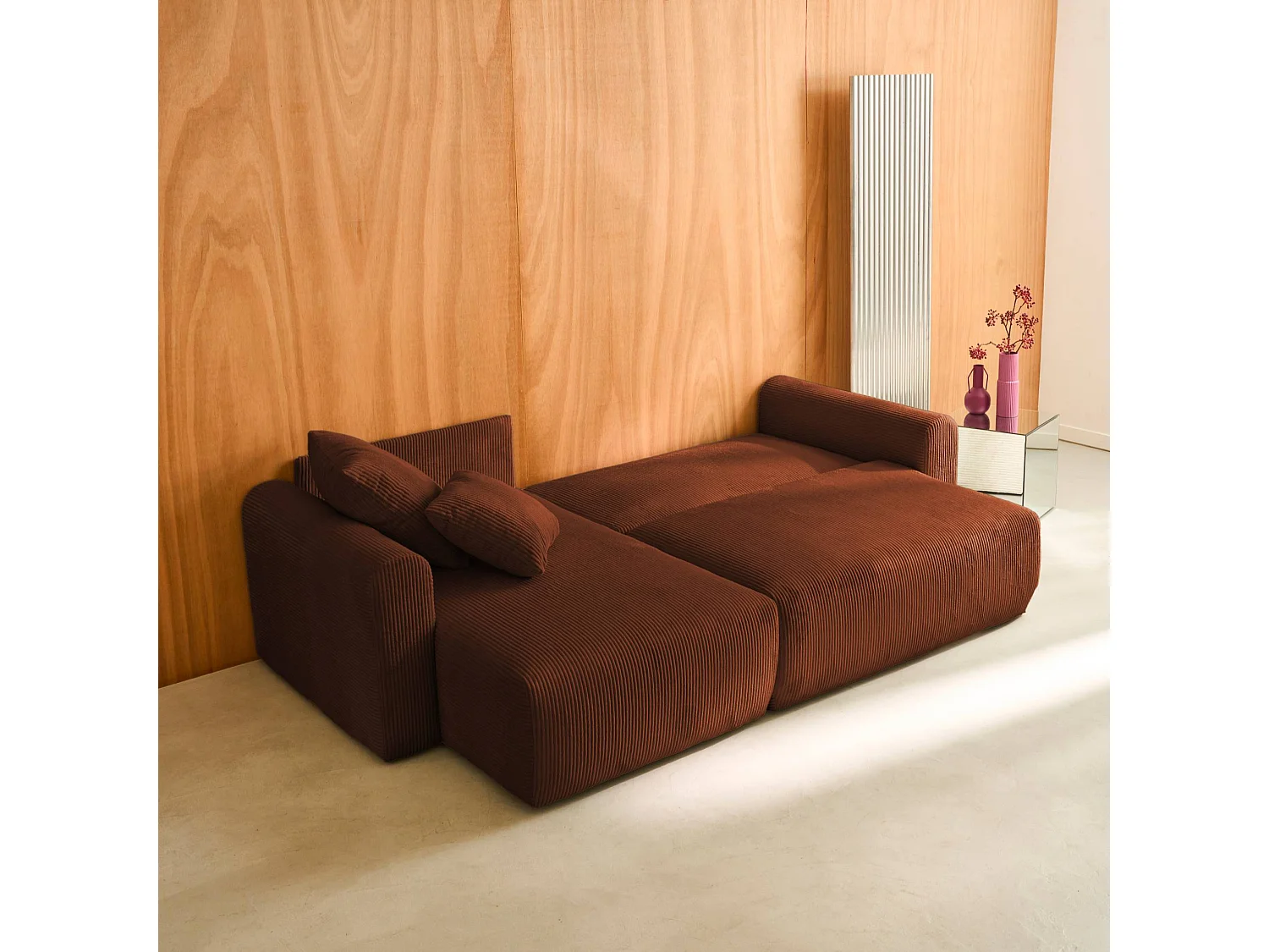 Canapé d'angle convertible réversible 3 places velours côtelé brique avec coffre de rangement - Almo