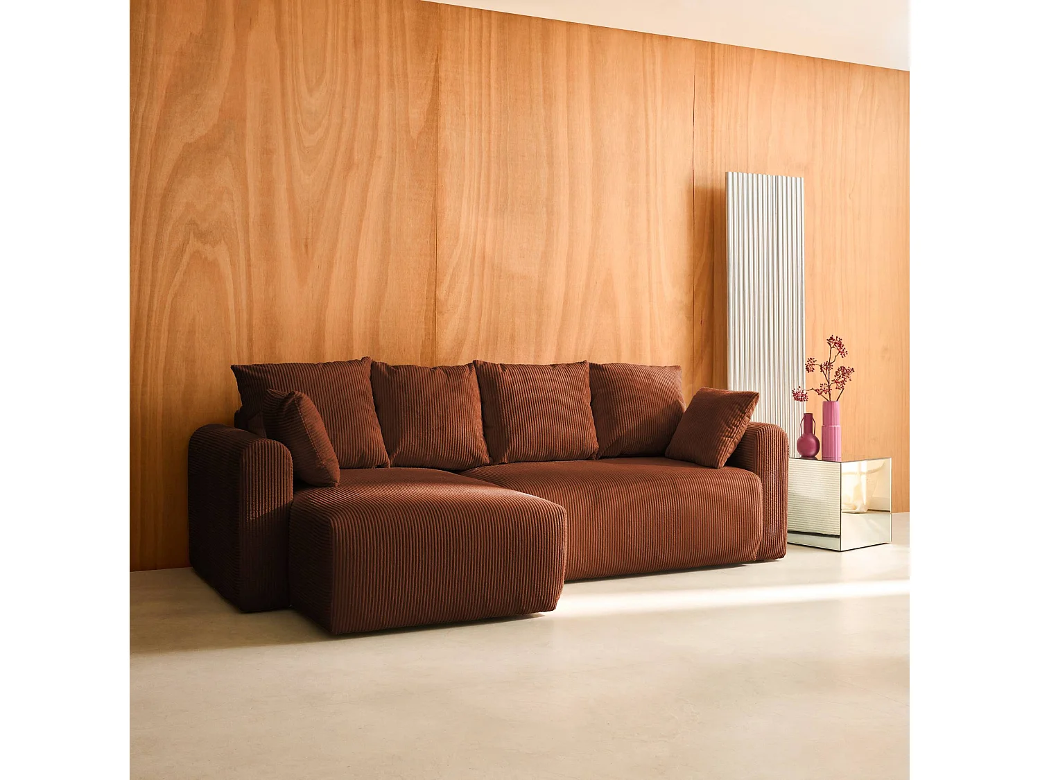 Canapé d'angle convertible réversible 3 places velours côtelé brique avec coffre de rangement - Almo