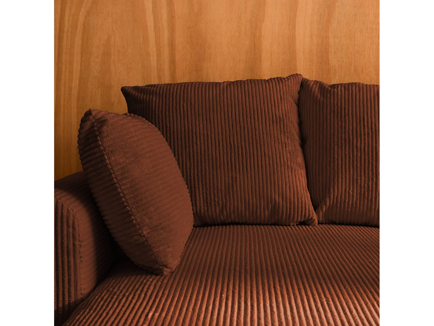 Canapé d'angle convertible réversible 3 places velours côtelé brique avec coffre de rangement - Almo