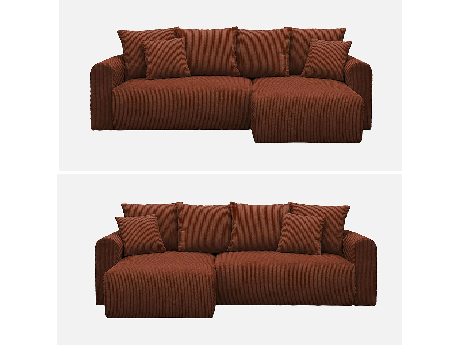 Canapé d'angle convertible réversible 3 places velours côtelé brique avec coffre de rangement - Almo