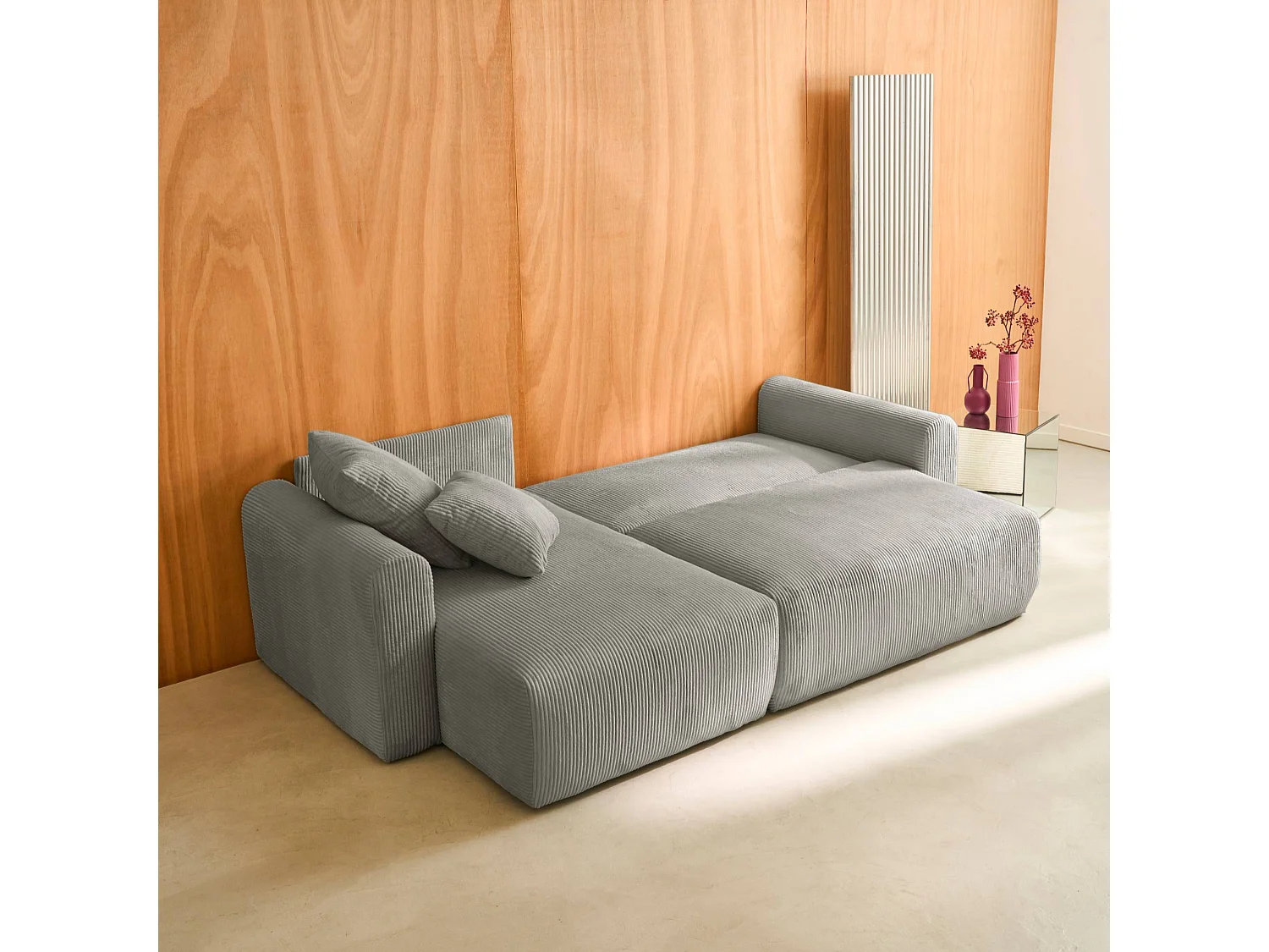 Divano letto angolare reversibile in velluto a coste, 3 posti, grigio