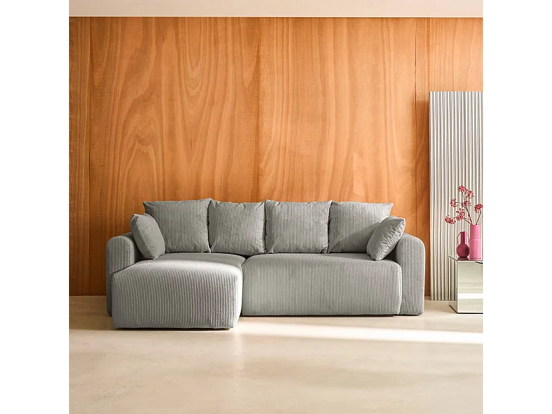 Divano letto angolare reversibile in velluto a coste, 3 posti, grigio