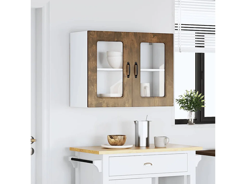 Meuble murale de cuisine avec porte vitrée Chêne fumé Bois d'ingénierie