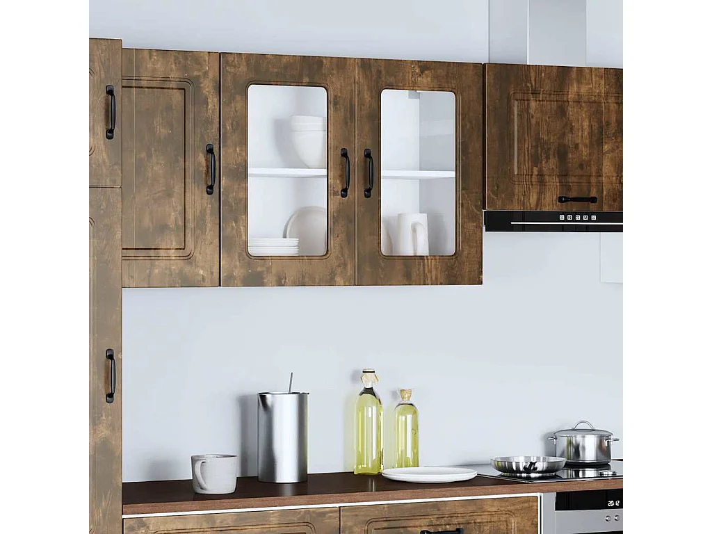 Meuble murale de cuisine avec porte vitrée Chêne fumé Bois d'ingénierie