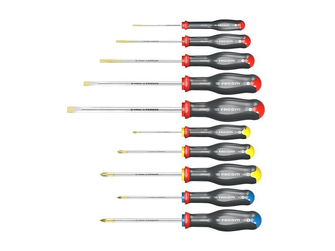 Jogo de 10 chaves de fenda FACOM Protwist planas, Phillips, Pozidriv – lâminas em aço carbono silício, cabos bi-componente ergonómicos