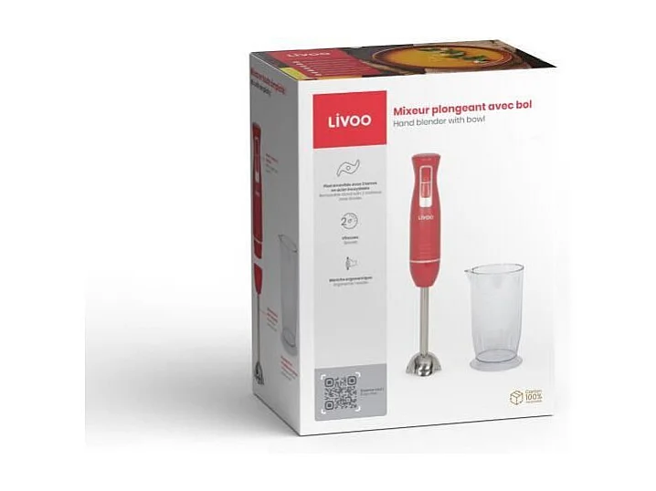 Mixeur plongeant - LIVOO - DOP245R - 400W - 2 vitesses - Bol gradué 700 ml - 2 lames en acier inoxydable