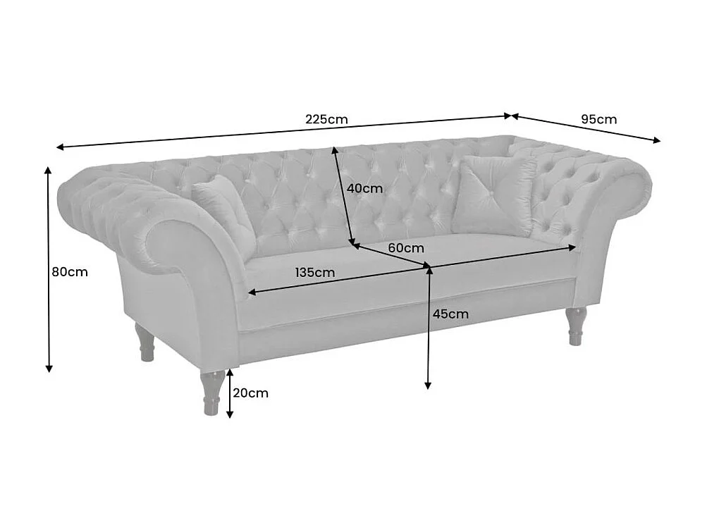 Canapé EDGAR 3 places gris – Style baroque en velours avec structure en bois massif