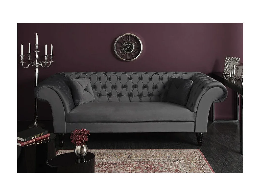 Canapé EDGAR 3 places gris – Style baroque en velours avec structure en bois massif