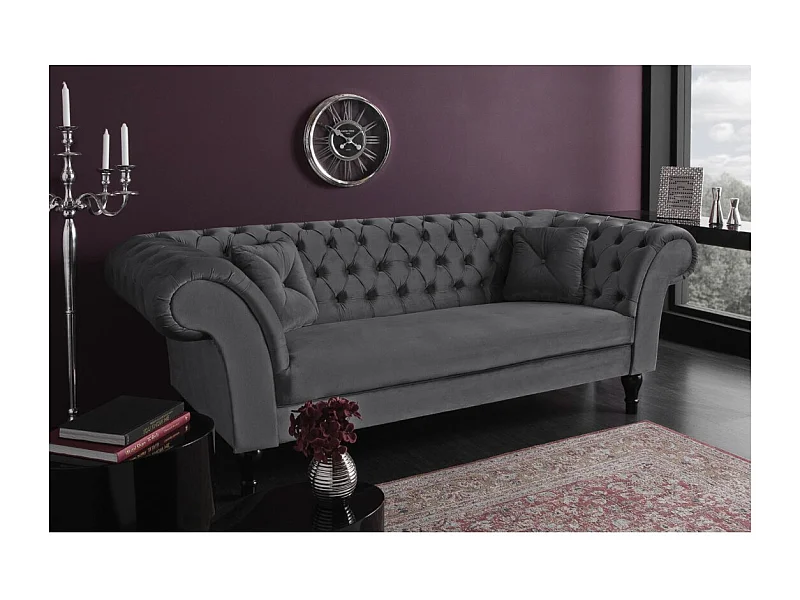 Canapé EDGAR 3 places gris – Style baroque en velours avec structure en bois massif