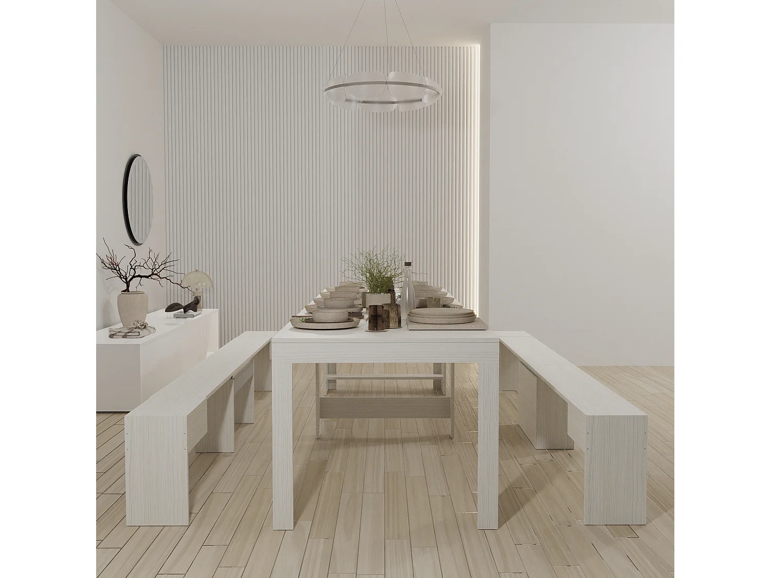 RAFFAELLA - Ensemble console avec deux bancs extensibles - Dimensions intégrées 51,6 x 90 x 75 cm Blance - Livraison gratuite