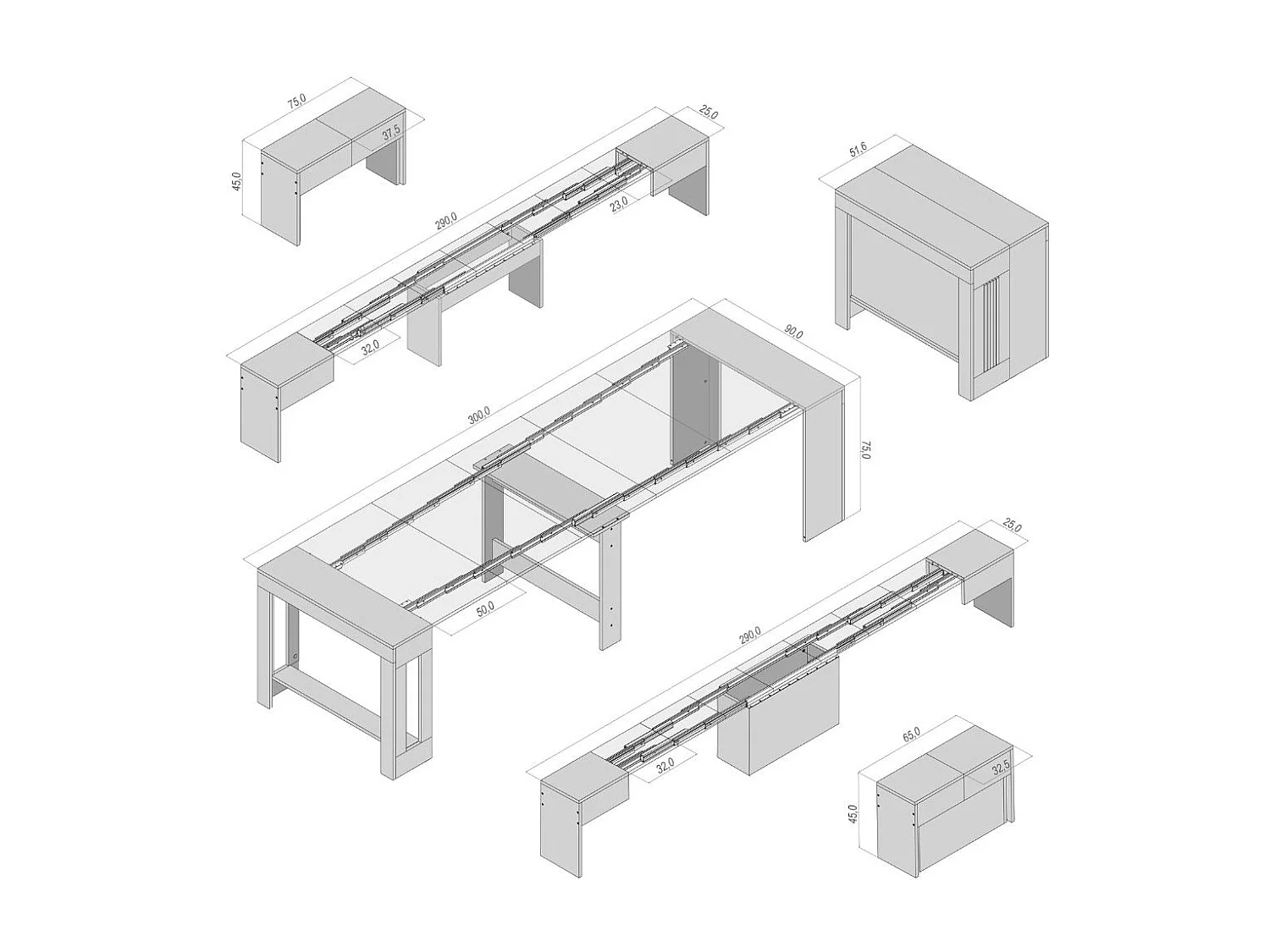 RAFFAELLA - Ensemble console avec deux bancs extensibles - Dimensions intégrées 51,6 x 90 x 75 cm Blance - Livraison gratuite