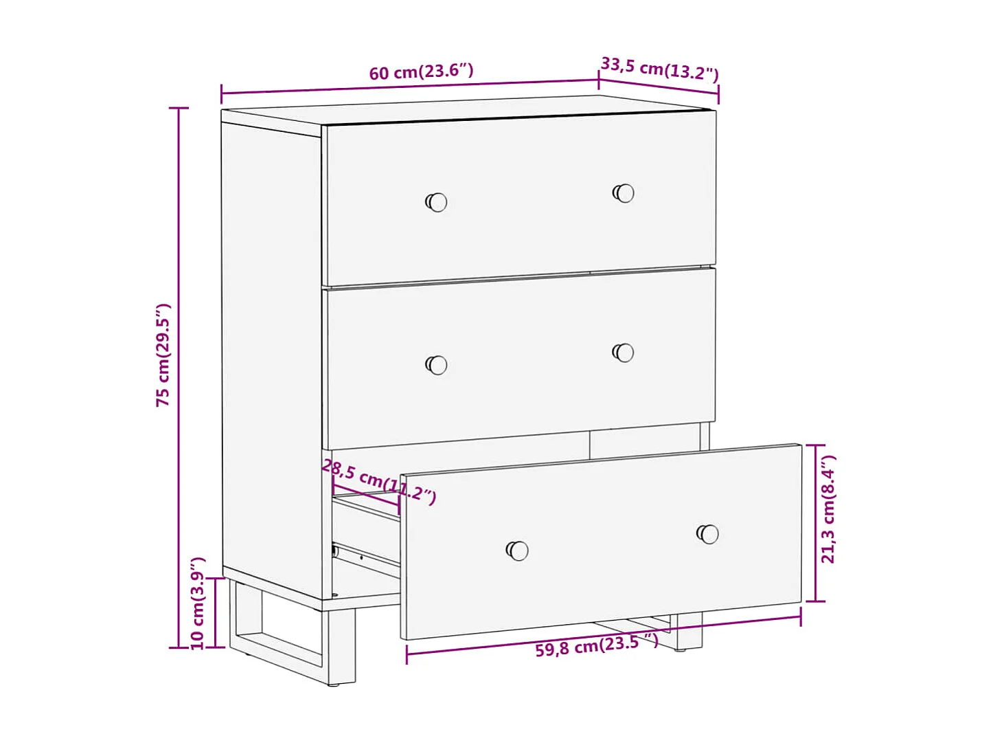 Beistellschrank Braun und Schwarz 60x33,5x75cm Massivholz Mango