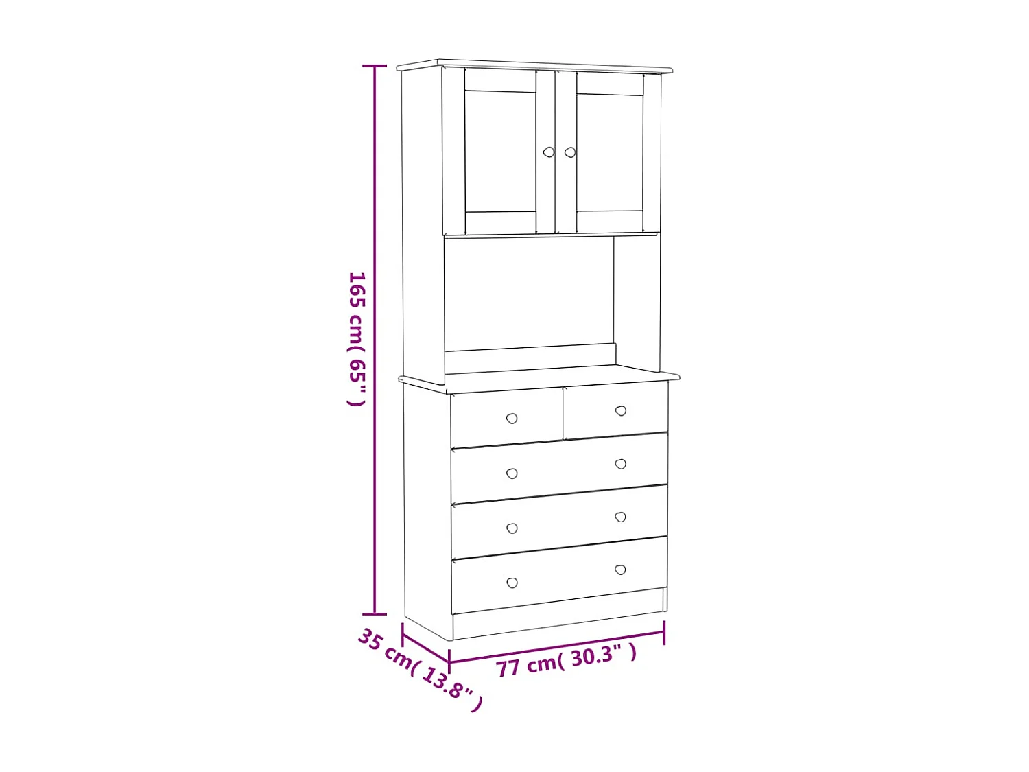 Credenza ALTA Bianca 77x35x165 cm in Legno Massello di Pino
