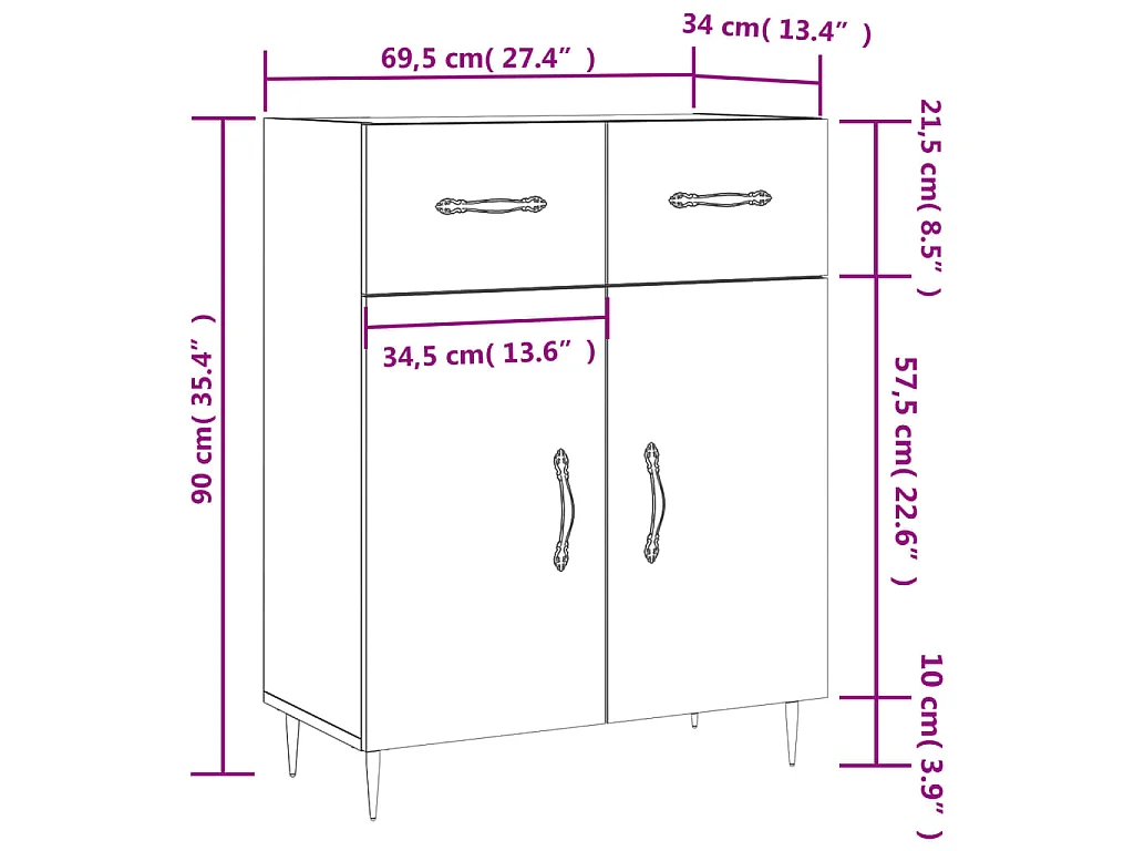 Buffet Blanc brillant 69,5x34x90 cm Bois d'ingénierie