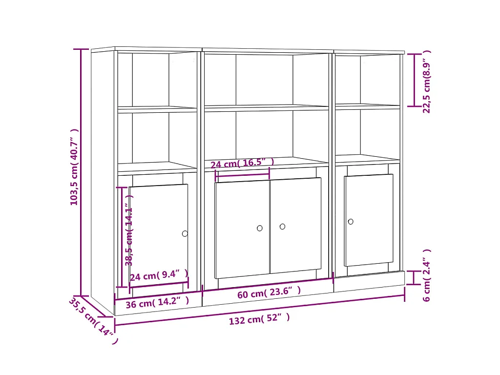 Hoge kasten 3 st bewerkt hout wit
