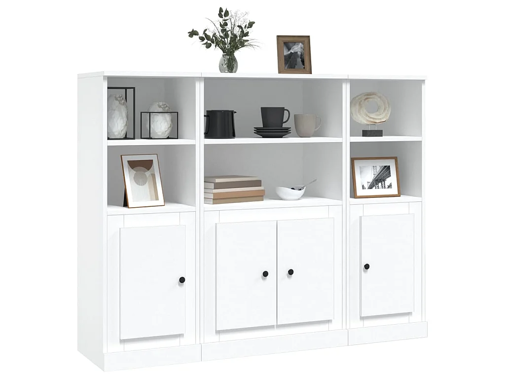 Hoge kasten 3 st bewerkt hout wit