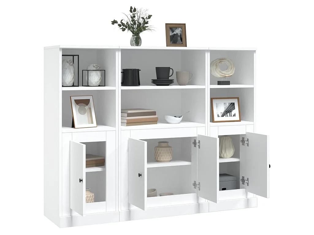 Hoge kasten 3 st bewerkt hout wit