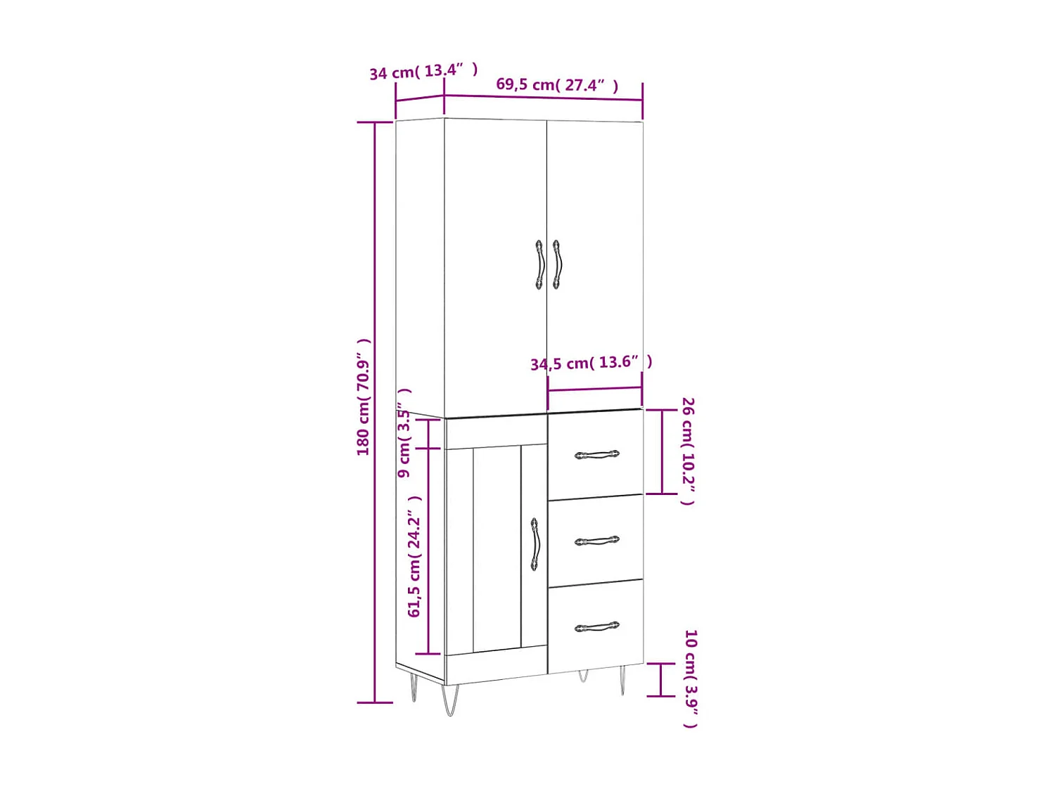 Buffet haut Blanc 69,5x34x180 cm Bois d'ingénierie