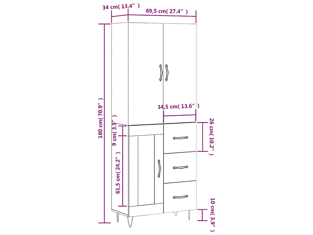 Hoge kast 69,5x34x180 cm bewerkt hout wit