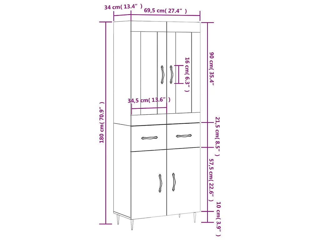 Buffet haut Gris béton 69,5x34x180 cm Bois d'ingénierie