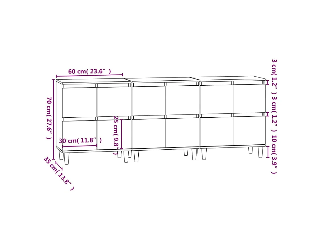Buffets 3 pcs noir 60x35x70 cm bois d'ingénierie