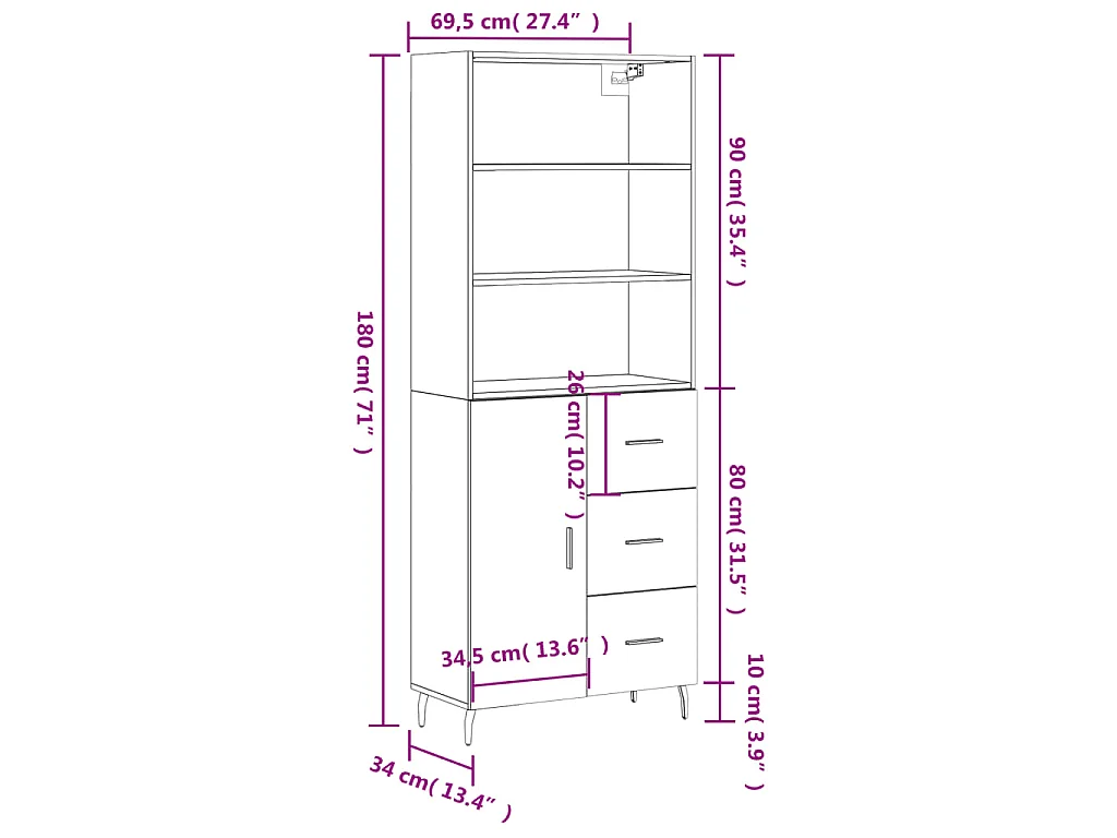 Buffet haut Gris béton 69,5x34x180 cm Bois d'ingénierie