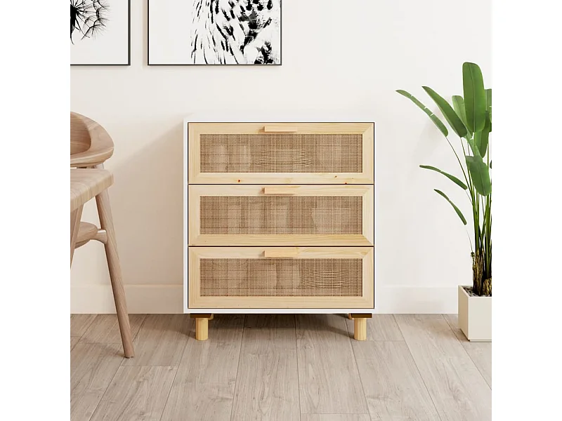 Buffet Blanc 60x30x70 cm Bois de pin massif et rotin naturel