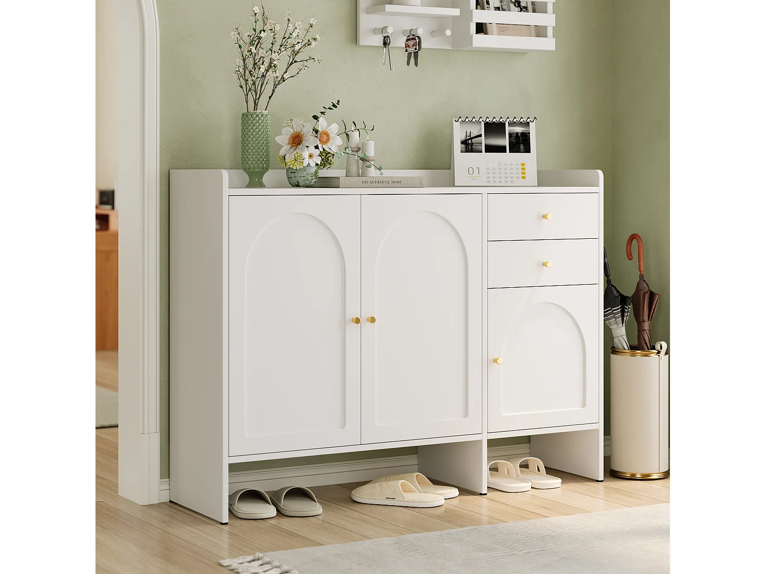 Meuble à chaussures moderne - 120 x 35 x 90 cm - avec 3 portes + 2 tiroirs - pour entrée/hall d'entrée - MDF - blanc