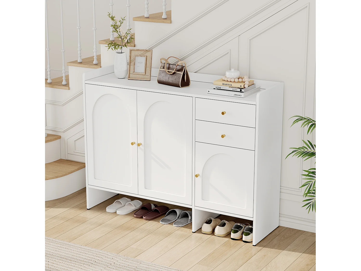 Meuble à chaussures moderne - 120 x 35 x 90 cm - avec 3 portes + 2 tiroirs - pour entrée/hall d'entrée - MDF - blanc