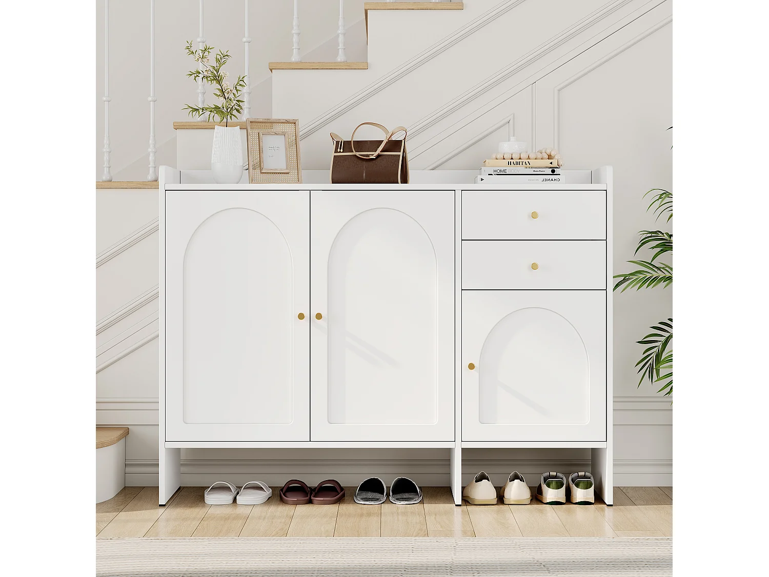 Meuble à chaussures moderne - 120 x 35 x 90 cm - avec 3 portes + 2 tiroirs - pour entrée/hall d'entrée - MDF - blanc
