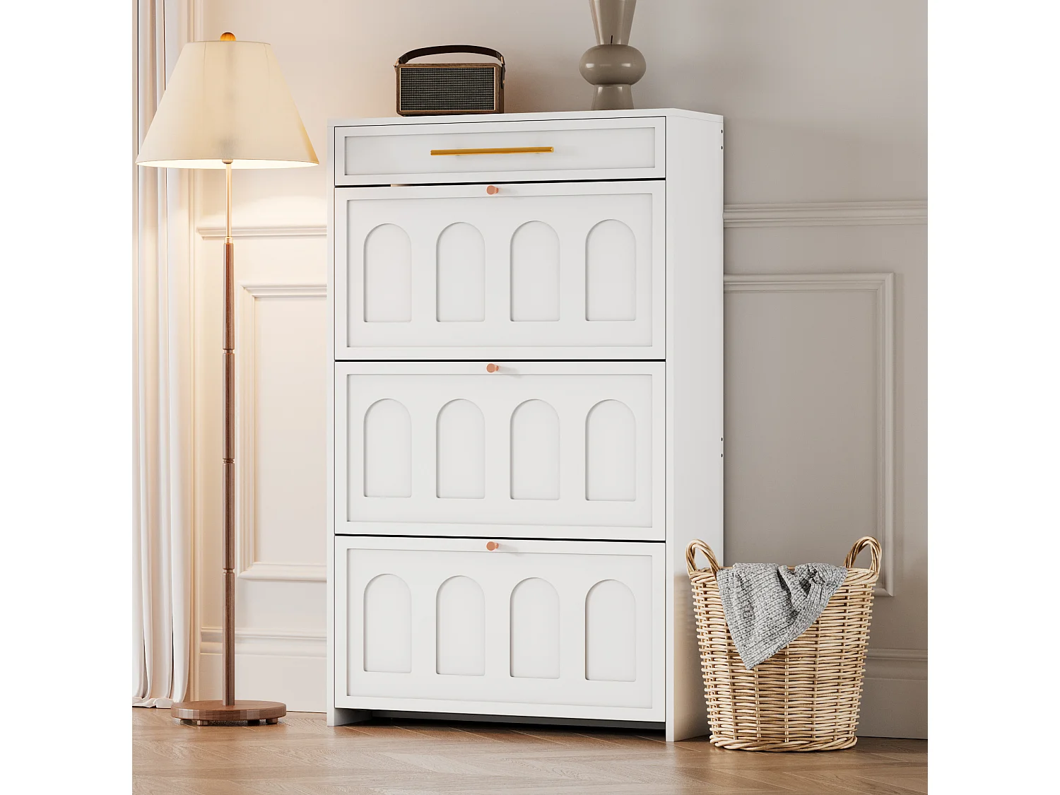 Meuble à chaussures moderne - 70 x 25 x 123.5 cm - avec 6 compartiments + 1 tiroir - pour entrée et salon - MDF - blanc