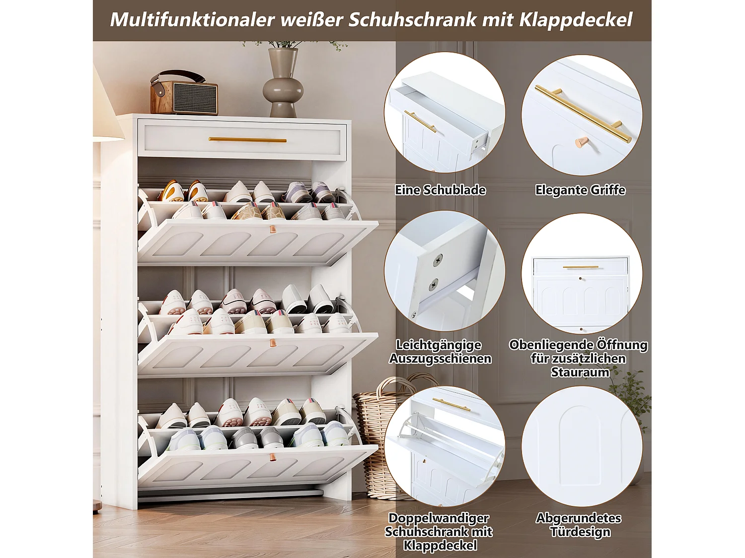 Meuble à chaussures moderne - 70 x 25 x 123.5 cm - avec 6 compartiments + 1 tiroir - pour entrée et salon - MDF - blanc