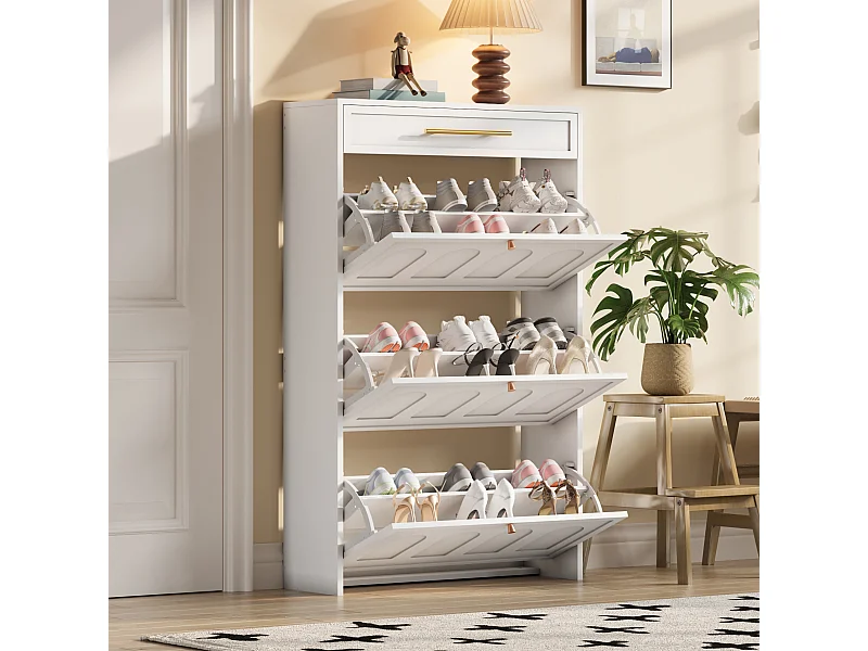 Meuble à chaussures moderne - 70 x 25 x 123.5 cm - avec 6 compartiments + 1 tiroir - pour entrée et salon - MDF - blanc